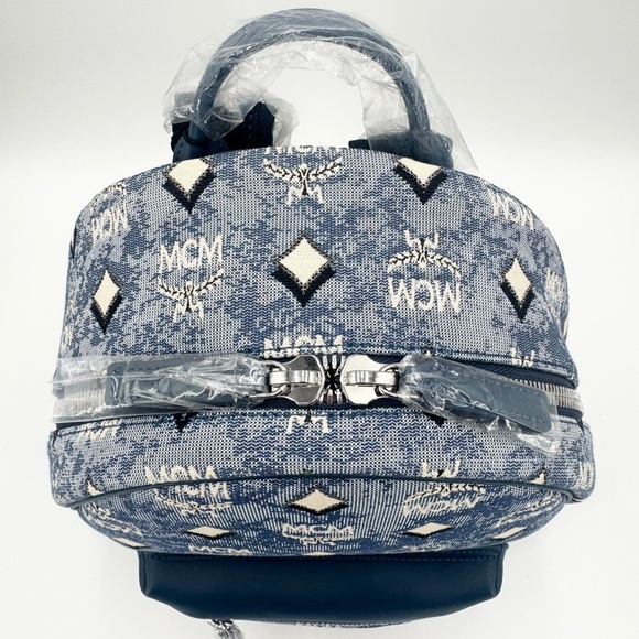 MCM New With Tags Logo Monogrammed Jacquard & Leather Blue Backpack - Picture 14 of 14